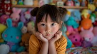 Young Asian girl with pigtails in yellow shirt posing with hands on cheeks surrounded by colorful stuffed animals and plush toys in bedroom.