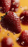 Fresh ripe strawberry with water drops splashing against vibrant orange background, macro photography showing texture and juicy details in dynamic motion.