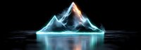 Glowing mountain peak reflecting on dark water surface with neon blue light effect and orange sunset highlights creating mystical panoramic landscape.
