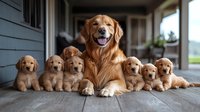 Happy Golden Retriever mother dog lying on wooden porch with her seven adorable puppies in a row, all displaying joyful expressions and warm golden fur.