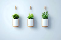 Three minimalist white and wooden wall-mounted planters with fresh green herbs creating modern vertical garden design against light background. Perfect for home decor.