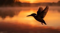 Silhouette of heron bird flying over calm lake water during golden sunset with warm orange sky reflection creating peaceful nature scene.