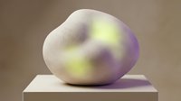 Organic rounded stone sculpture with soft gradient coloring from cream to purple and yellow tones on neutral pedestal, contemporary art display.