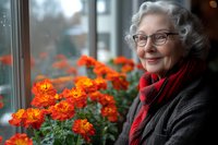 Senior Caucasian woman with gray curly hair and glasses smiling near window with vibrant orange marigold flowers, wearing red scarf and black coat. Perfect for aging and wellness.