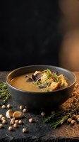 Creamy mushroom soup with herbs and croutons in rustic ceramic bowl on dark wooden table with scattered hazelnuts and fresh rosemary sprigs.