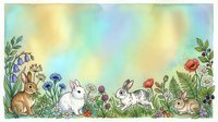 Cute rabbits and bunnies surrounded by spring flowers, grass, and foliage in a whimsical garden scene with soft watercolor background.