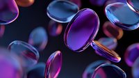 Vibrant purple and blue translucent pills or capsules floating against dark background, creating futuristic pharmaceutical composition.