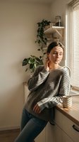 Young woman in cozy knit sweater sitting by kitchen window with natural sunlight and green plants creating warm domestic atmosphere for lifestyle content.