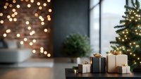 Elegant Christmas gifts with gold bows arranged near decorated tree with bokeh lights creating cozy holiday atmosphere in modern minimalist interior setting.