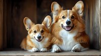Two happy Welsh Corgi dogs with red and white fur lying together, showing friendly smiles and perked ears against dark wooden background.