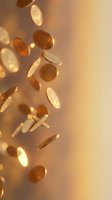 Gold coins falling through warm glowing light, creating a rain of money effect with bokeh background for finance and wealth concepts.
