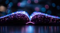 Open book with magical glowing sparkles and bokeh lights creating mystical atmosphere against dark background, purple and blue illumination reflecting on pages.