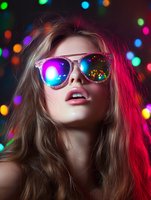 Young woman in reflective sunglasses with colorful bokeh lights creating party atmosphere. Pink and blue neon lighting highlights long wavy hair and glamorous makeup.