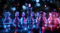 Glass chess pieces with glowing neon lights and bokeh background creating strategic business concept for corporate presentations and marketing materials.
