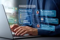 Professional businessman using laptop with holographic project management interface displaying team collaboration tools and digital workflow solutions.