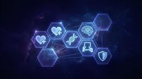 Medical healthcare technology concept with glowing hexagonal icons including DNA, brain, microscope and shield on dark blue digital background.