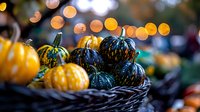Decorative black and orange pumpkins in woven basket with soft bokeh lights background creating festive autumn mood. Seasonal harvest display for fall decor.
