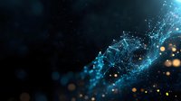 Glowing blue digital network structure with orange light particles floating in dark space, representing technological connectivity and data flow visualization.