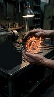 Craftsman holding glowing neon leaf sign in industrial workshop with overhead lamp, dirty hands, metalwork tools and equipment visible in background.