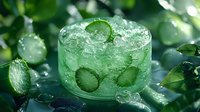 Fresh cucumber drink with ice cubes and sliced cucumber in glass on green background with water drops, refreshing summer beverage concept.