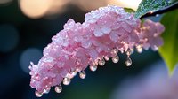 Pink hydrangea flower covered in morning dew drops glistening in soft sunlight against dark bokeh background, creating magical natural macro photography effect.