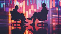Silhouettes of two business professionals in discussion against vibrant stock market chart background with candlestick patterns reflecting modern trading environment.