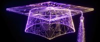 Glowing neon graduation cap with digital wireframe design on dark background. Modern educational technology concept for academic achievement and learning.