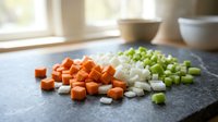 Fresh diced vegetables on dark cutting board including orange carrots, white onions and green celery prepared for cooking in bright kitchen.