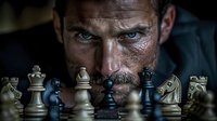 Intense close-up portrait with chess pieces in foreground, dramatic lighting emphasizes piercing blue eyes and determined expression against dark background.