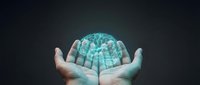 Hands holding glowing digital brain with circuit patterns representing artificial intelligence and neural networks for technology concepts.