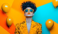 Young African American woman with curly hair wearing blue sunglasses and yellow blazer against vibrant orange and blue background with yellow balloons, fashion portrait.