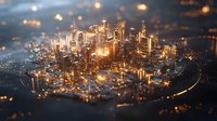 Glowing miniature cityscape with illuminated skyscrapers and bokeh lights creating magical urban atmosphere at night. Modern metropolis viewed from above.