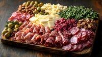 Appetizing charcuterie board with assorted cured meats, cheese cubes, green olives, nuts and fresh herbs arranged on rustic wooden serving platter. Gourmet party food.