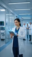 Female Caucasian doctor in white coat uses tablet with glowing holographic medical interface in modern hospital corridor with colleagues in background.