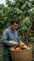 Mature Hispanic farmer harvesting fresh cacao pods in wicker basket at organic plantation. Agricultural worker collecting cocoa beans for chocolate production.