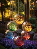 Magical garden lighting with colorful glass orbs arranged in a circular pattern, perfect for outdoor decoration and mood lighting. Hanging crystal suncatchers create rainbow reflections.