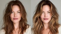 Young woman with natural wavy brown hair with highlights shown in before and after styling comparison against neutral background.