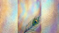 Peacock feather with eye detail on iridescent pastel background in gold, pink, and blue tones, elegant nature art for decor.