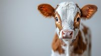 Close up portrait of young brown and white calf with big eyes looking directly at camera against blurred gray background. Perfect for farm and dairy themes.