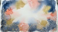 Watercolor abstract composition with soft blended washes in navy, coral, yellow and pink tones, featuring delicate lace borders and ornamental details on white background for design projects.