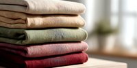 Stack of folded soft textile blankets in neutral and warm colors - beige, cream, olive green, pink, and burgundy - on wooden surface in cozy home interior.