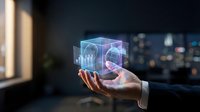 Businessman hand holding holographic data analytics interface with glowing charts and graphs for financial technology, business intelligence, and digital transformation applications.