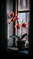 Orange and pink orchid plant in clay pot on windowsill with lace curtain, backlit by soft natural light creating moody atmospheric home interior scene.