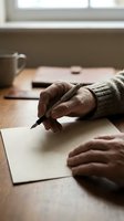 Senior man hands writing letter with pen on paper at wooden desk near window with coffee cup in cozy home office atmosphere for correspondence communication.