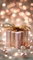 Elegant pink gift box with gold ribbon bow against soft bokeh lights, surrounded by pearl decorations for holiday celebrations.