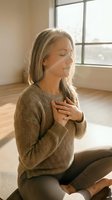 Peaceful middle-aged Caucasian woman practicing mindfulness meditation with hand on heart in sunlit room, promoting mental health and wellness.