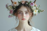 Young woman wearing floral crown with fresh spring flowers, soft natural makeup, and white lace dress against light background, romantic ethereal portrait.