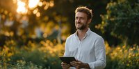 Smiling young Caucasian businessman in white shirt holding tablet outdoors during golden hour sunset with natural bokeh background for business technology concepts.