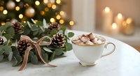 Cozy Christmas hot chocolate with marshmallows and cinnamon on white table with festive eucalyptus garland, pine cones and warm bokeh lights background.