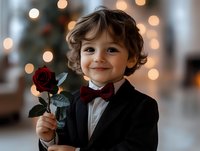 Young boy in black tuxedo and burgundy bow tie holding red rose, smiling warmly against blurred bokeh lights background. Romantic holiday portrait with soft natural lighting.
